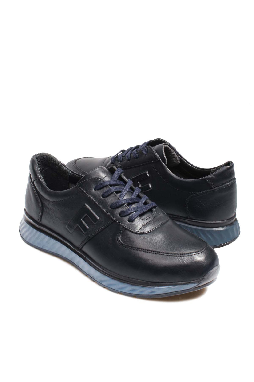 Men's Navy Blue Leather Sneakers with Blue Sole - Wessi