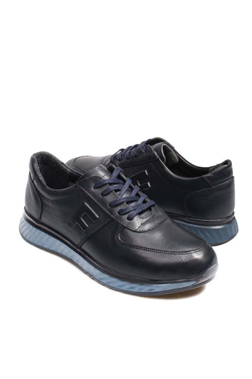 Men's Navy Blue Leather Sneakers with Blue Sole - Wessi