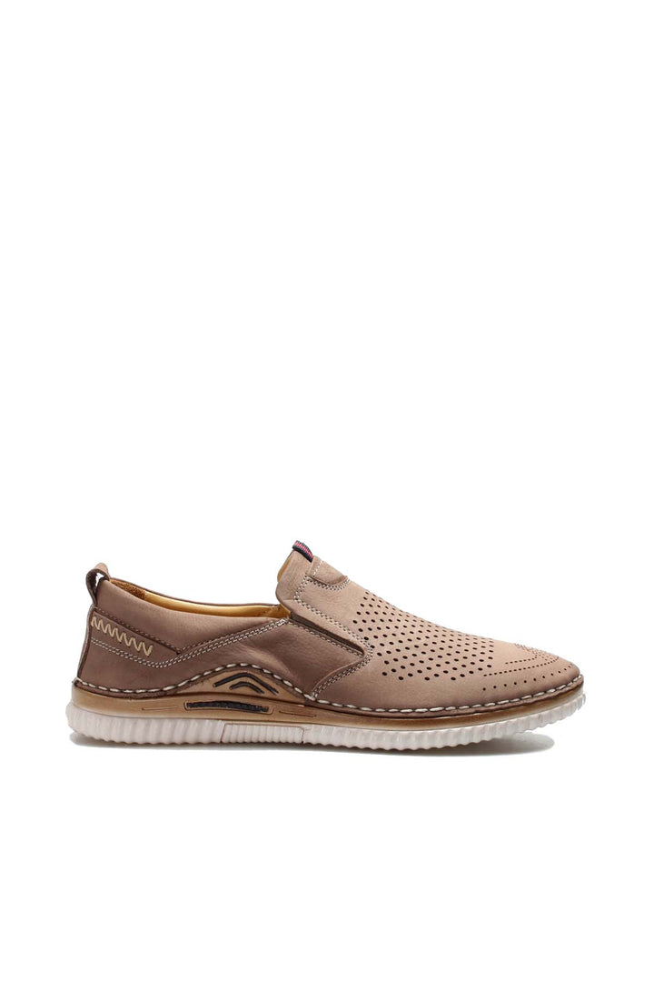 Men's Beige Perforated Slip-On Loafers with Cushioned Sole - Wessi