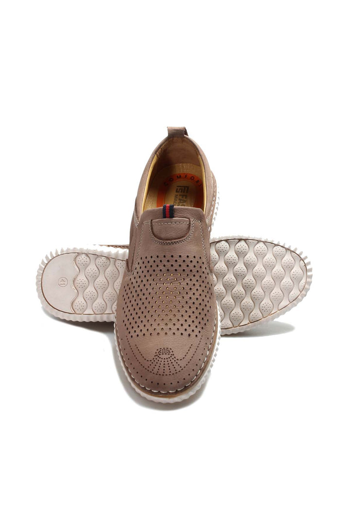 Men's Beige Perforated Slip-On Loafers with Cushioned Sole - Wessi