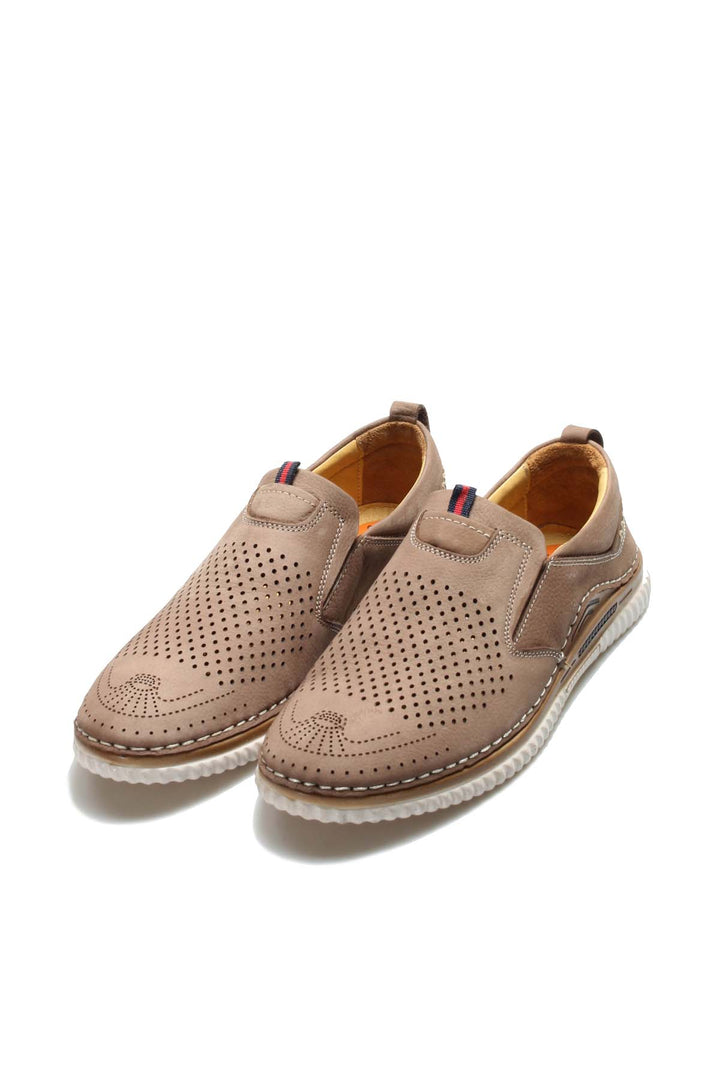 Men's Beige Perforated Slip-On Loafers with Cushioned Sole - Wessi