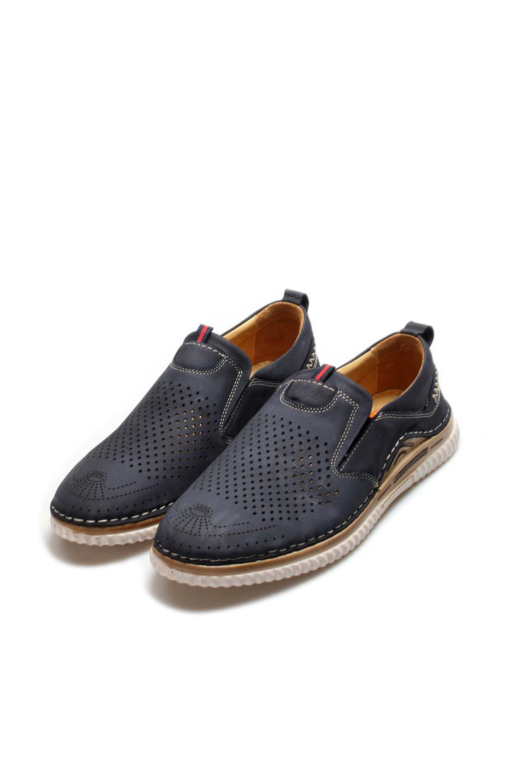 Men's Navy Blue Perforated Slip-On Loafers with Contrast Stitching and Cushioned Sole - Wessi
