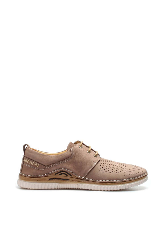 Men's Beige Perforated Casual Lace-Up Shoes - Wessi