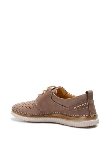 Men's Beige Perforated Casual Lace-Up Shoes - Wessi