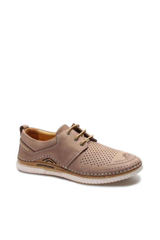 Men's Beige Perforated Casual Lace-Up Shoes - Wessi