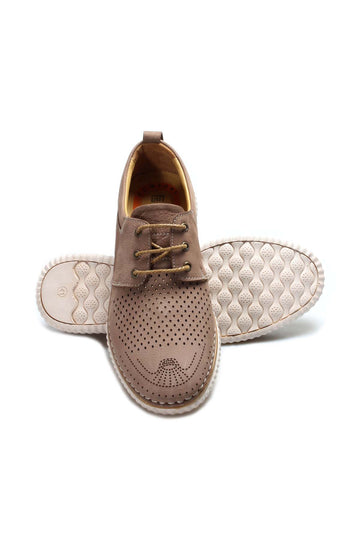 Men's Beige Perforated Casual Lace-Up Shoes - Wessi