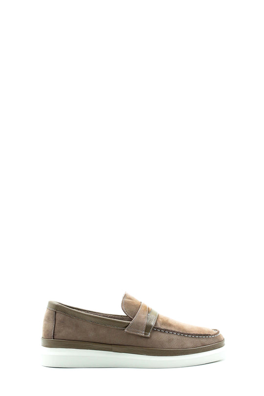 Taupe Nubuck Penny Loafers with White Sole for Men | Wessi