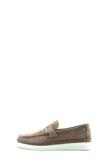 Taupe Nubuck Penny Loafers with White Sole for Men | Wessi