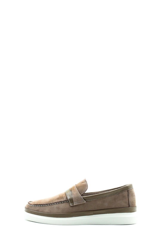 Taupe Nubuck Penny Loafers with White Sole for Men | Wessi