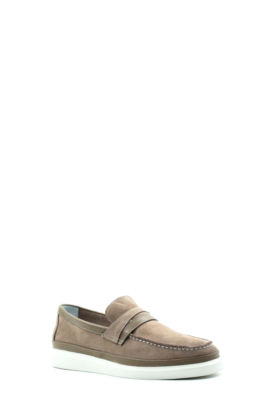 Taupe Nubuck Penny Loafers with White Sole for Men | Wessi