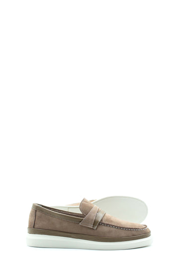 Taupe Nubuck Penny Loafers with White Sole for Men | Wessi