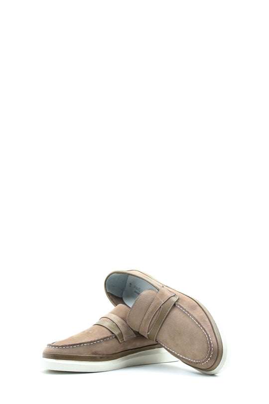 Taupe Nubuck Penny Loafers with White Sole for Men | Wessi