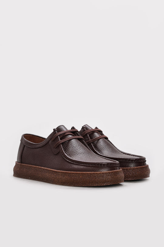 Dark Brown Textured Leather Lace-Up Casual Shoes for Men | Wessi
