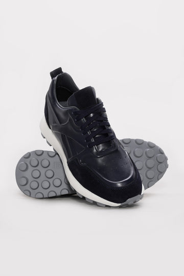 Navy Suede-Textured Leather Running Sneakers for Men | Wessi