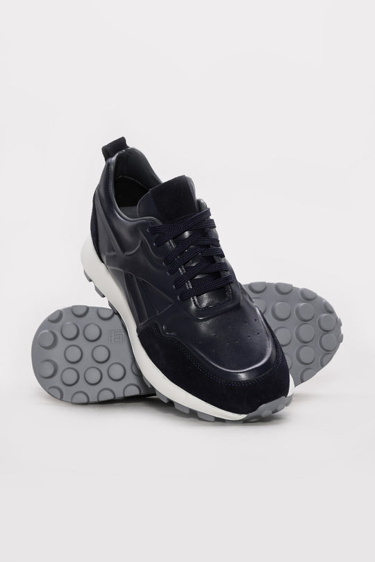Navy Suede-Textured Leather Running Sneakers for Men | Wessi