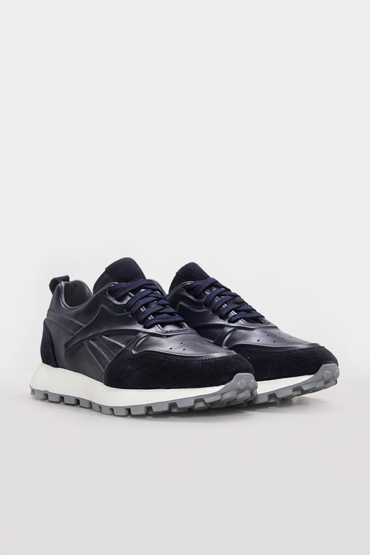 Navy Suede-Textured Leather Running Sneakers for Men | Wessi