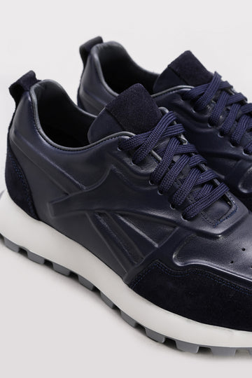 Navy Suede-Textured Leather Running Sneakers for Men | Wessi