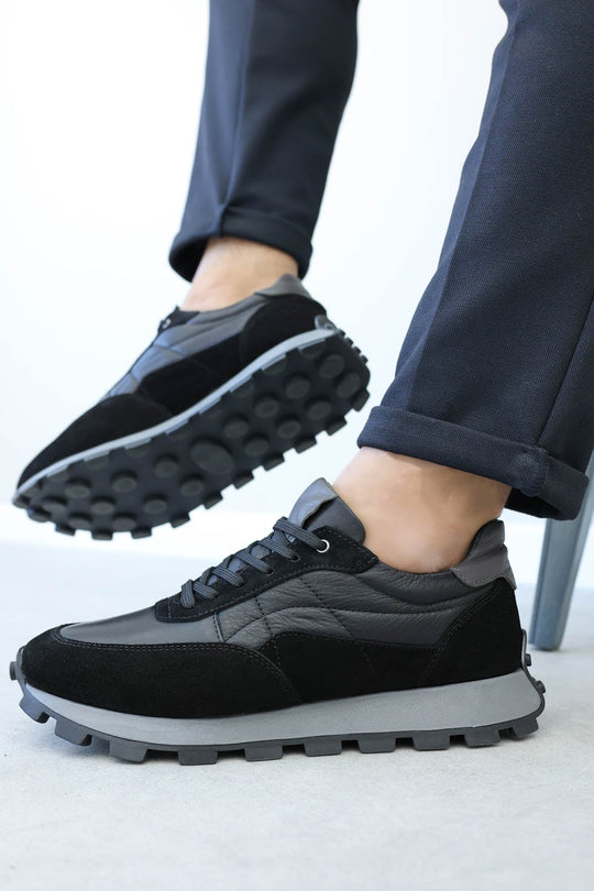 Black Leather Lug-Sole Sneakers for Men | Wessi