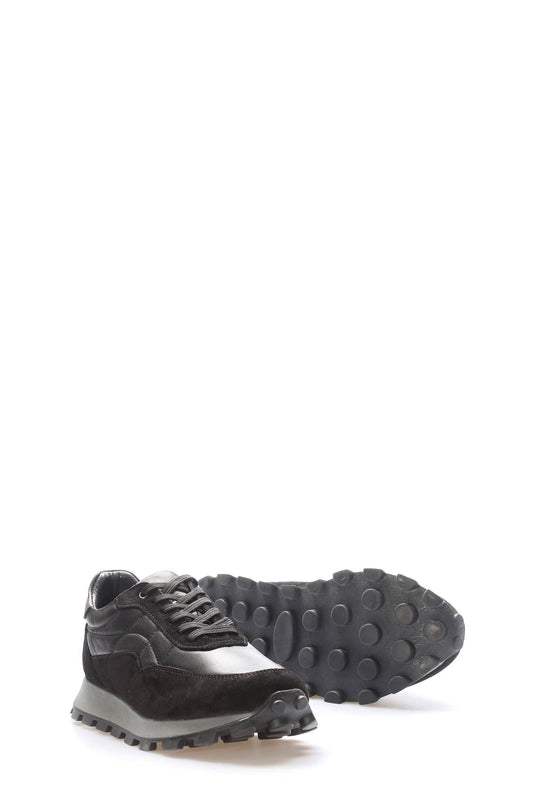 Black Leather Lug-Sole Sneakers for Men | Wessi