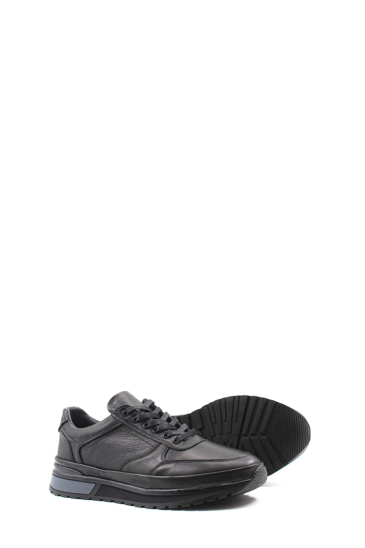 Men's Black Leather Lace-Up Sneakers with Elevated Sole - Wessi