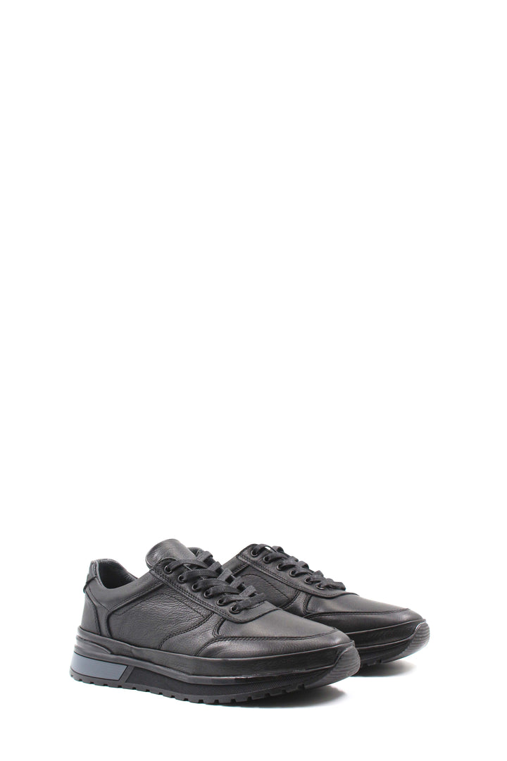 Men's Black Leather Lace-Up Sneakers with Elevated Sole - Wessi