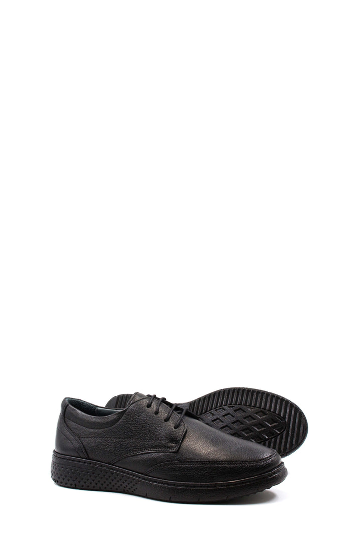Men's Black Textured Leather Lace-Up Shoes with Cushioned Sole and Patterned Outsole - Wessi