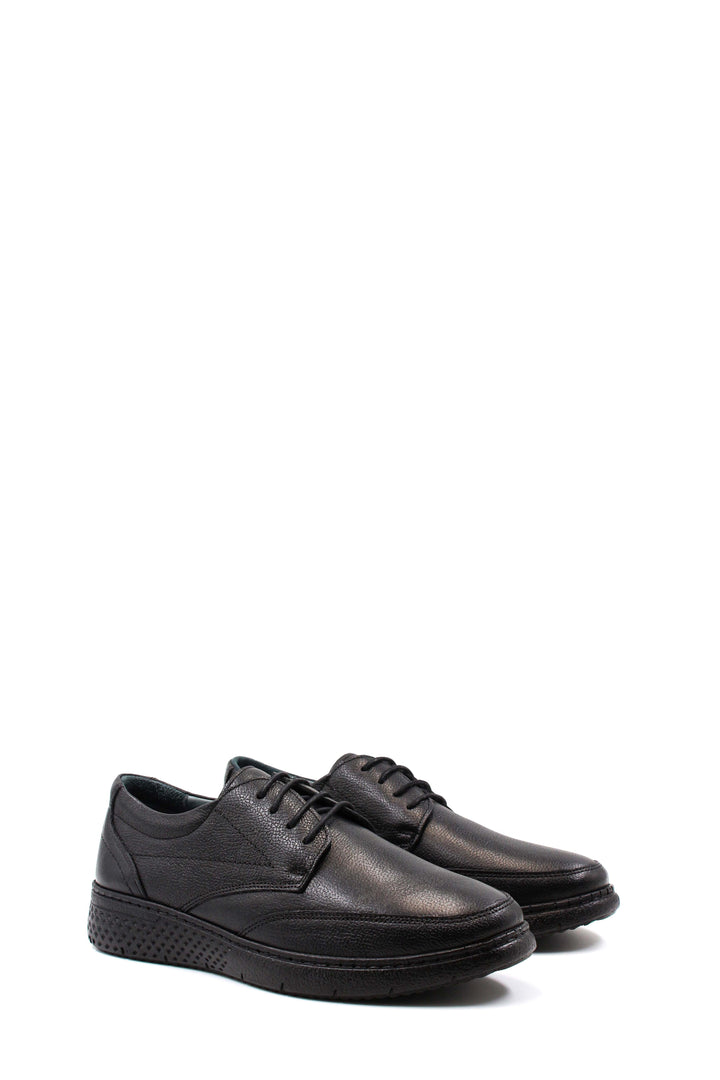 Men's Black Textured Leather Lace-Up Shoes with Cushioned Sole and Patterned Outsole - Wessi