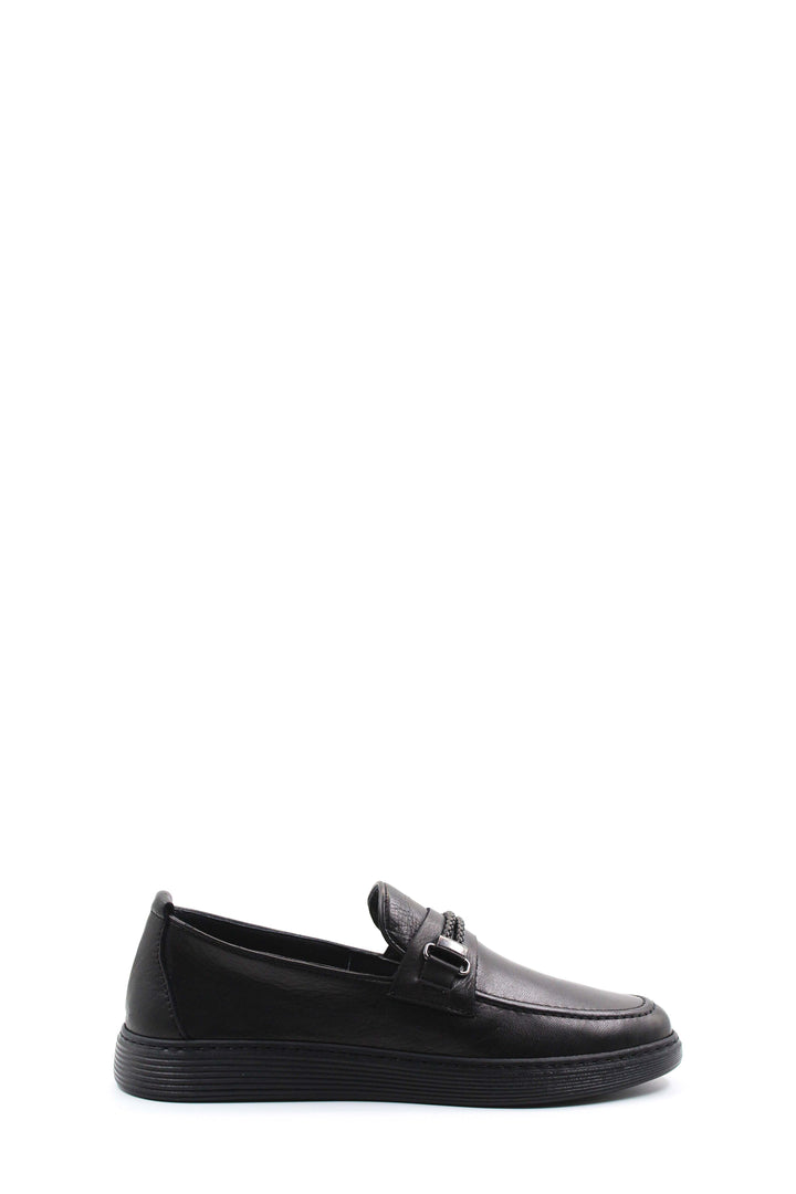 Men's Black Leather Buckle Loafers-Wessi