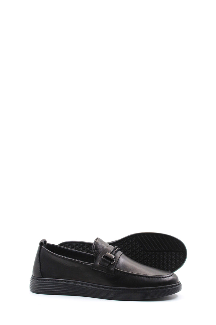 Men's Black Leather Buckle Loafers-Wessi