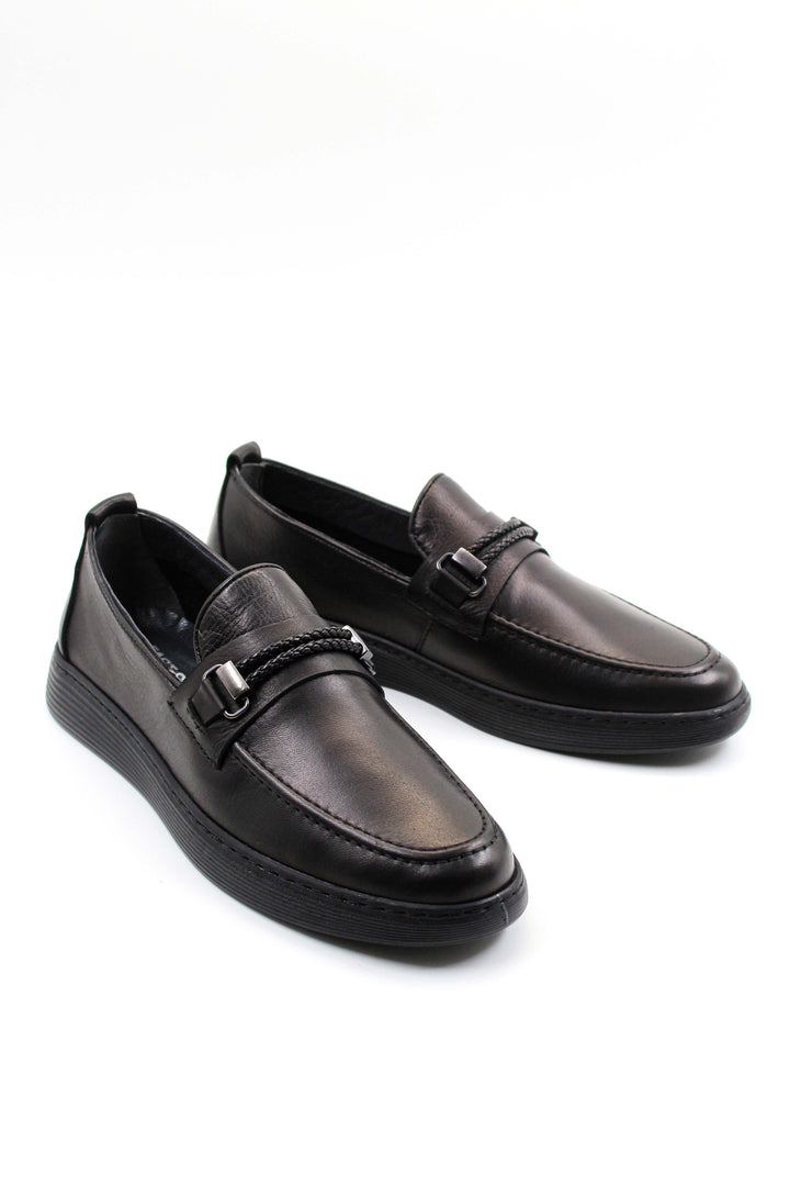 Men's Black Leather Buckle Loafers-Wessi