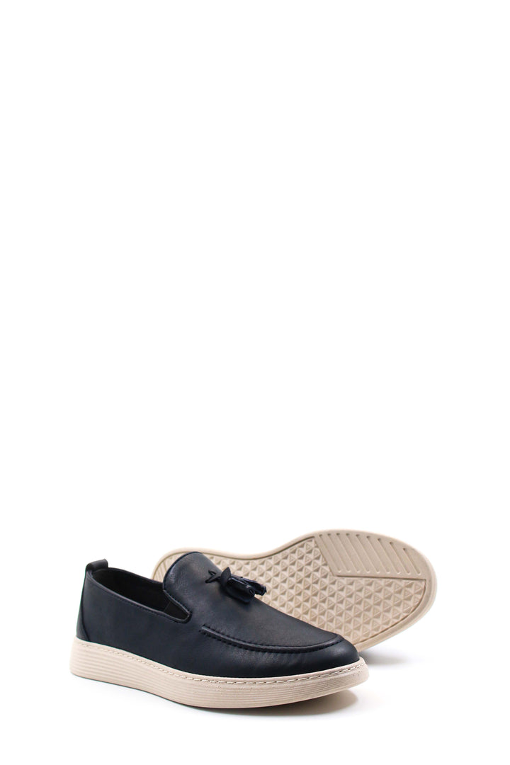 Men's Navy Blue Leather Tassel Loafers-Wessi