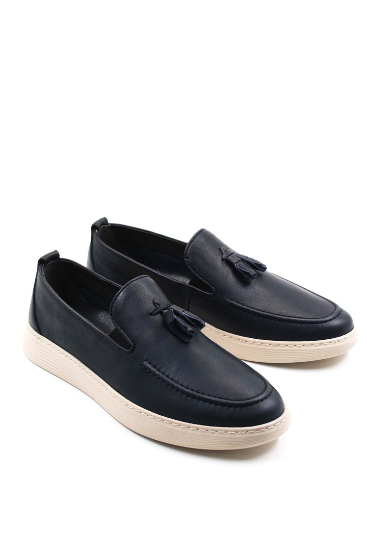Men's Navy Blue Leather Tassel Loafers-Wessi