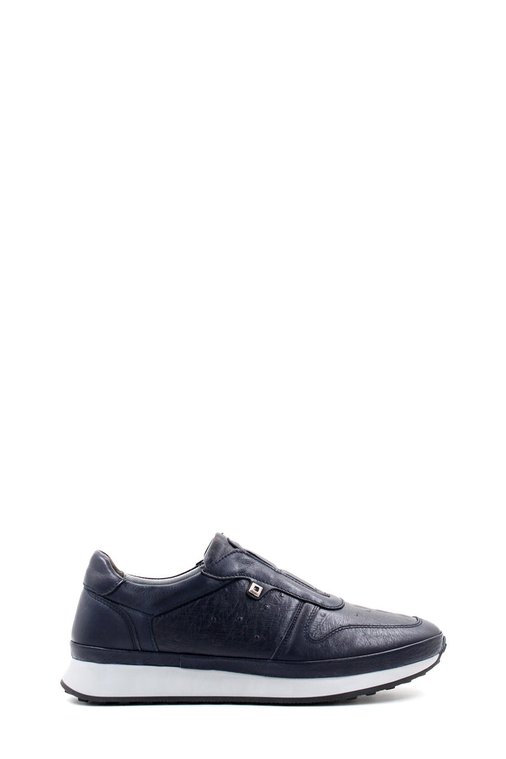 Men's Navy Blue Leather Slip-On Sneakers with Embossed Detailing - Wessi
