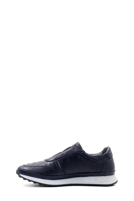 Men's Navy Blue Leather Slip-On Sneakers with Embossed Detailing - Wessi