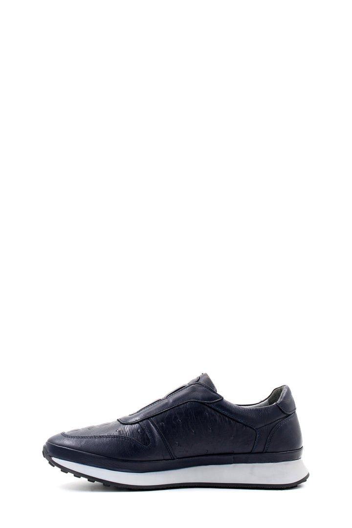 Men's Navy Blue Leather Slip-On Sneakers with Embossed Detailing - Wessi