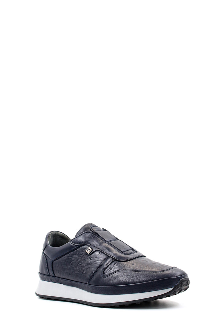 Men's Navy Blue Leather Slip-On Sneakers with Embossed Detailing - Wessi