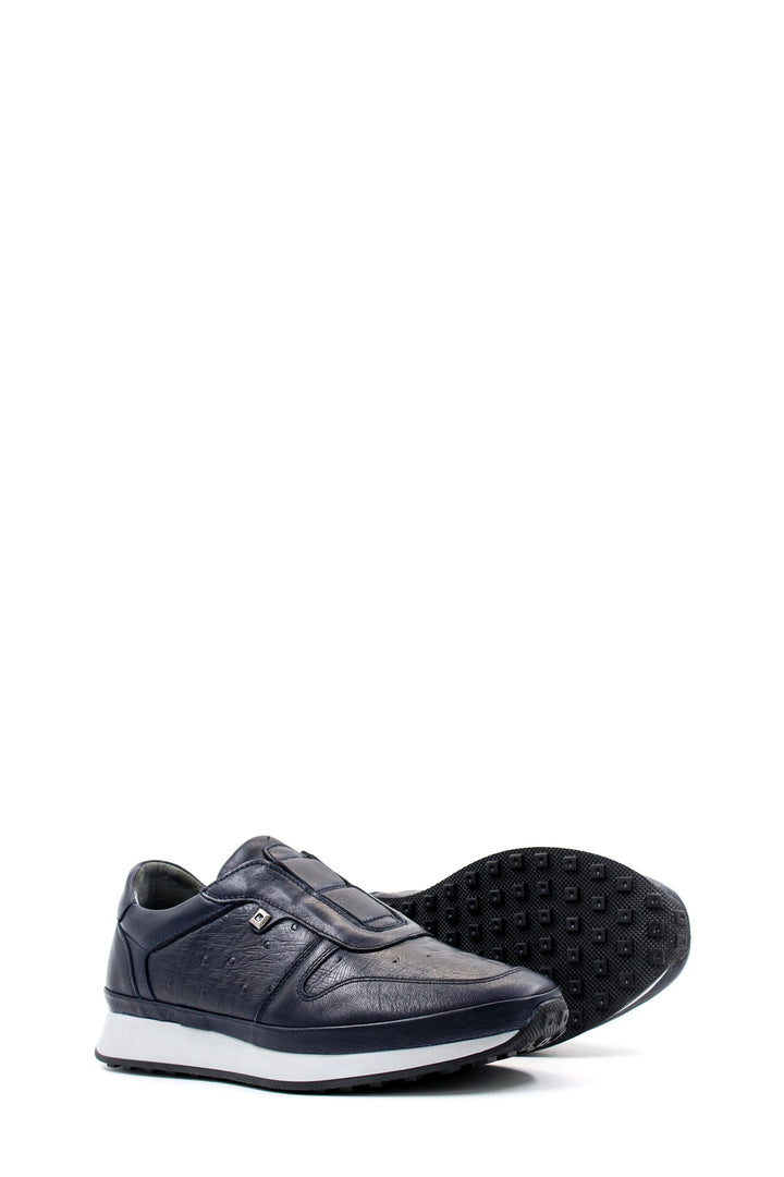 Men's Navy Blue Leather Slip-On Sneakers with Embossed Detailing - Wessi