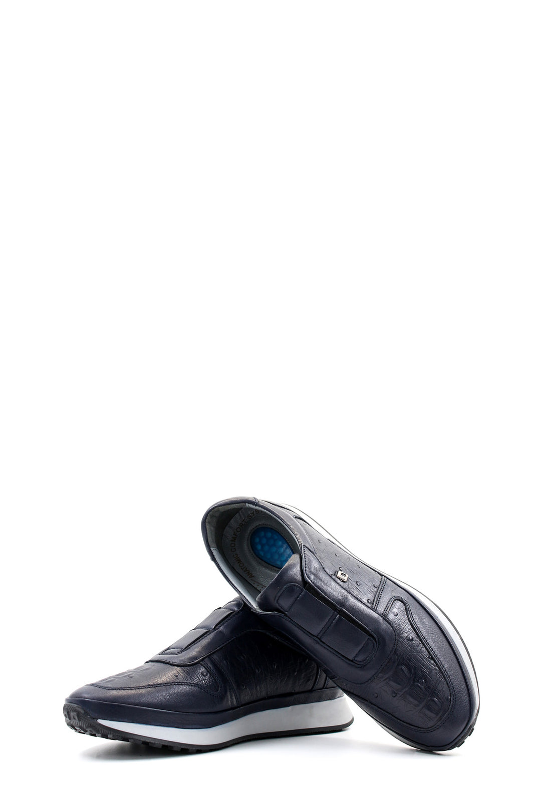 Men's Navy Blue Leather Slip-On Sneakers with Embossed Detailing - Wessi