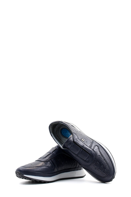 Men's Navy Blue Leather Slip-On Sneakers with Embossed Detailing - Wessi