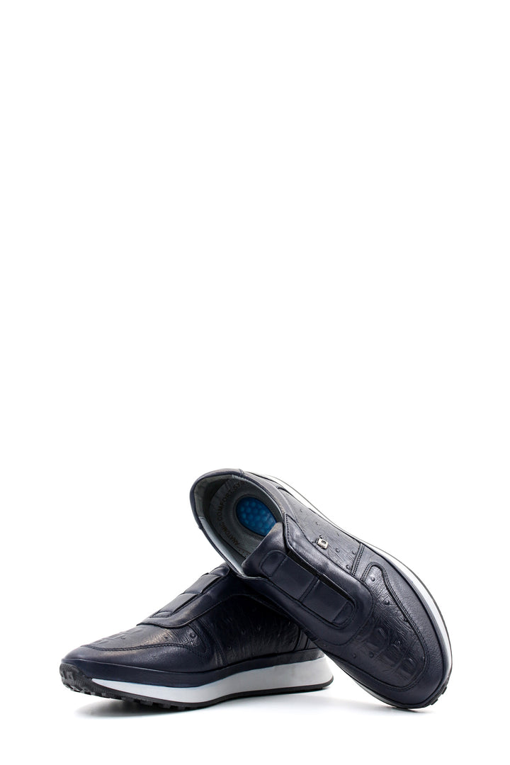 Men's Navy Blue Leather Slip-On Sneakers with Embossed Detailing - Wessi