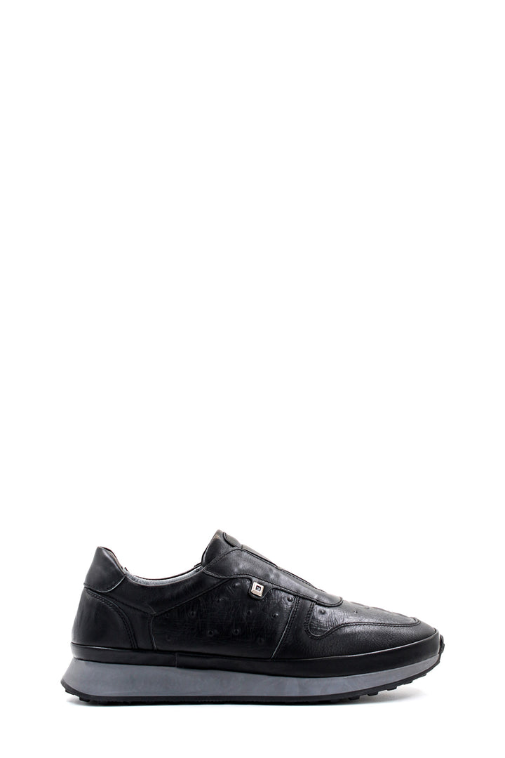 Men's Black Leather Sneakers with Textured Sole - Wessi