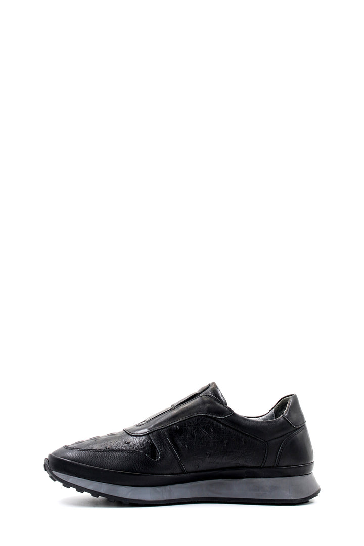 Men's Black Leather Sneakers with Textured Sole - Wessi