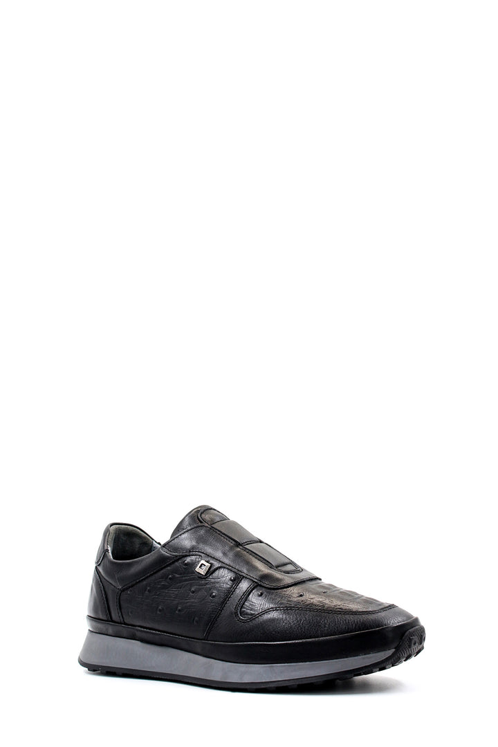 Men's Black Leather Sneakers with Textured Sole - Wessi