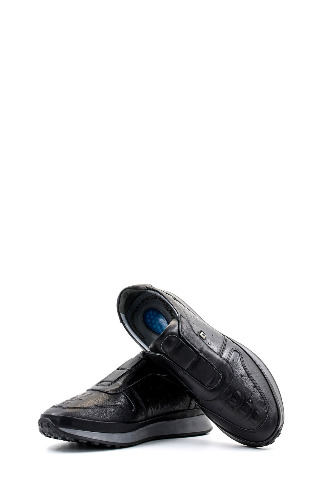 Men's Black Leather Sneakers with Textured Sole - Wessi