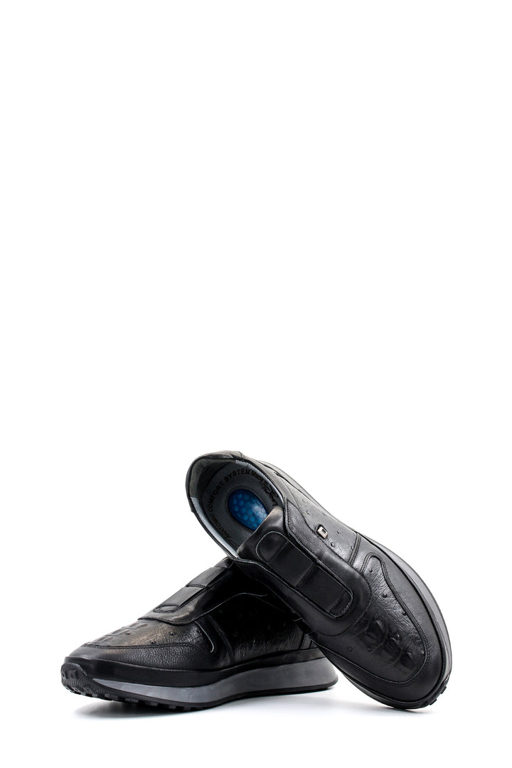 Men's Black Leather Sneakers with Textured Sole - Wessi