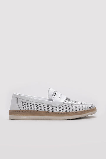 White Perforated Leather Slip-On Loafers for Men | Wessi