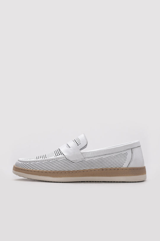 White Perforated Leather Slip-On Loafers for Men | Wessi