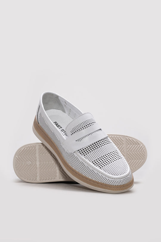 White Perforated Leather Slip-On Loafers for Men | Wessi