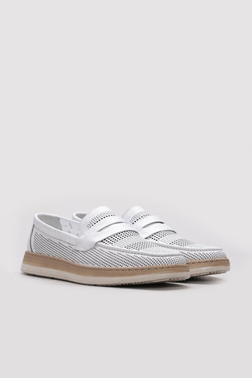 White Perforated Leather Slip-On Loafers for Men | Wessi