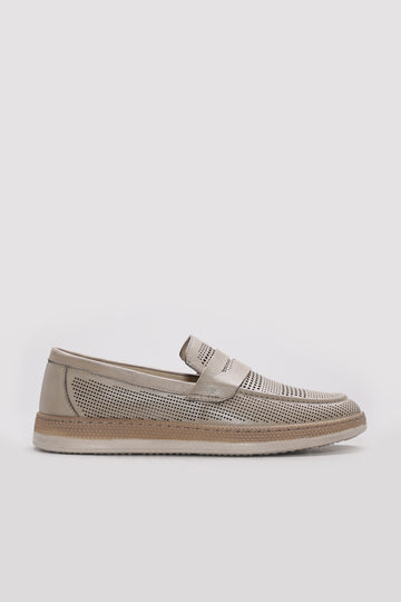 Beige Perforated Leather Casual Loafers for Men | Wessi